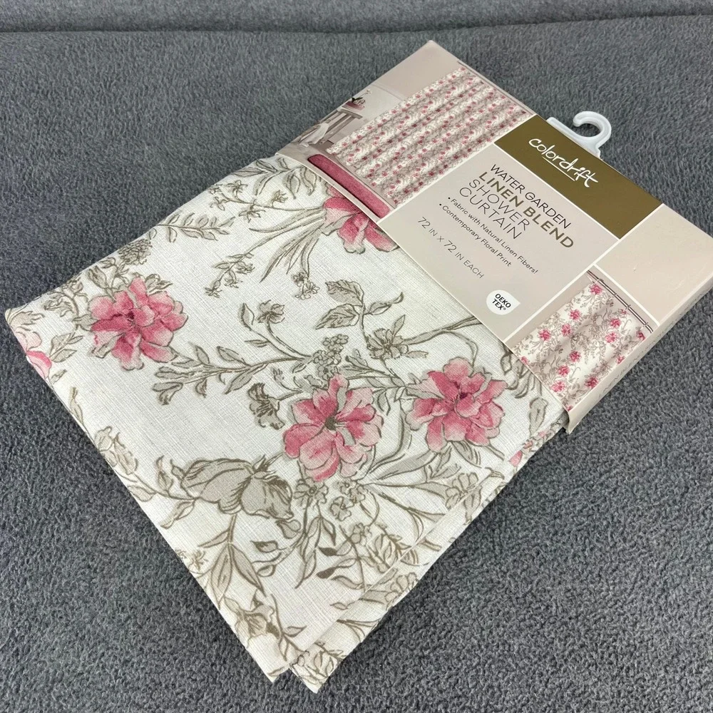 Colordrift Shower Curtain 72x72 Ivory Pink Floral Water Garden Linen Blend